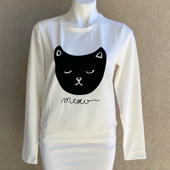 White Cute Cat Print Crew Neck Sweater - Picture 2 of 5